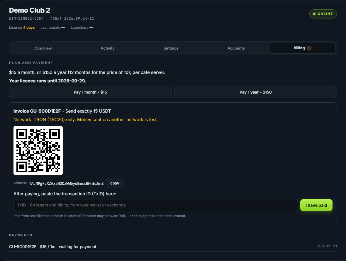 The Billing tab with an open invoice: the amount, the network, the address as a QR code, and the box for the TxID