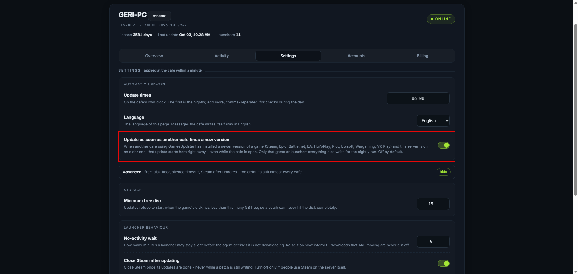 The Settings tab with the fleet switch outlined, and Advanced unfolded below it