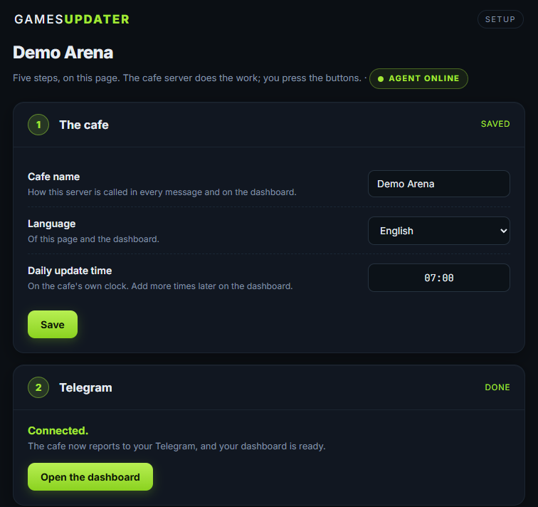 Страница настройки GamesUpdater