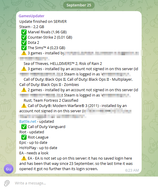 Настоящий ночной отчёт в Telegram, по лаунчерам (имена аккаунтов размыты)